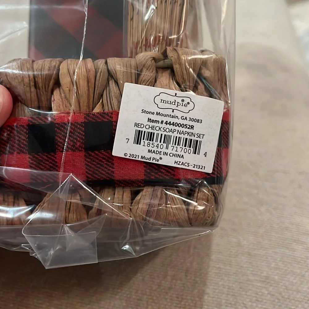 Mud Pie Red Check Soap and Guest Towel Basket Set/NWT